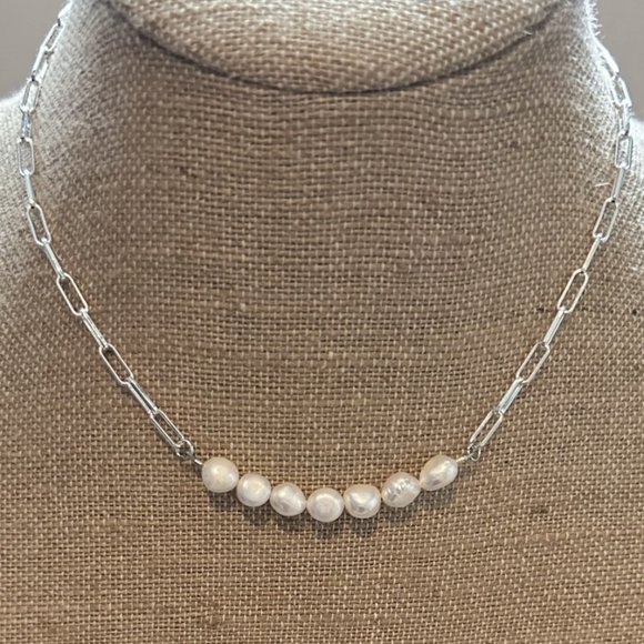 Silver Paperclip Pearl Necklace 16.5”+2” - Picture 1 of 3